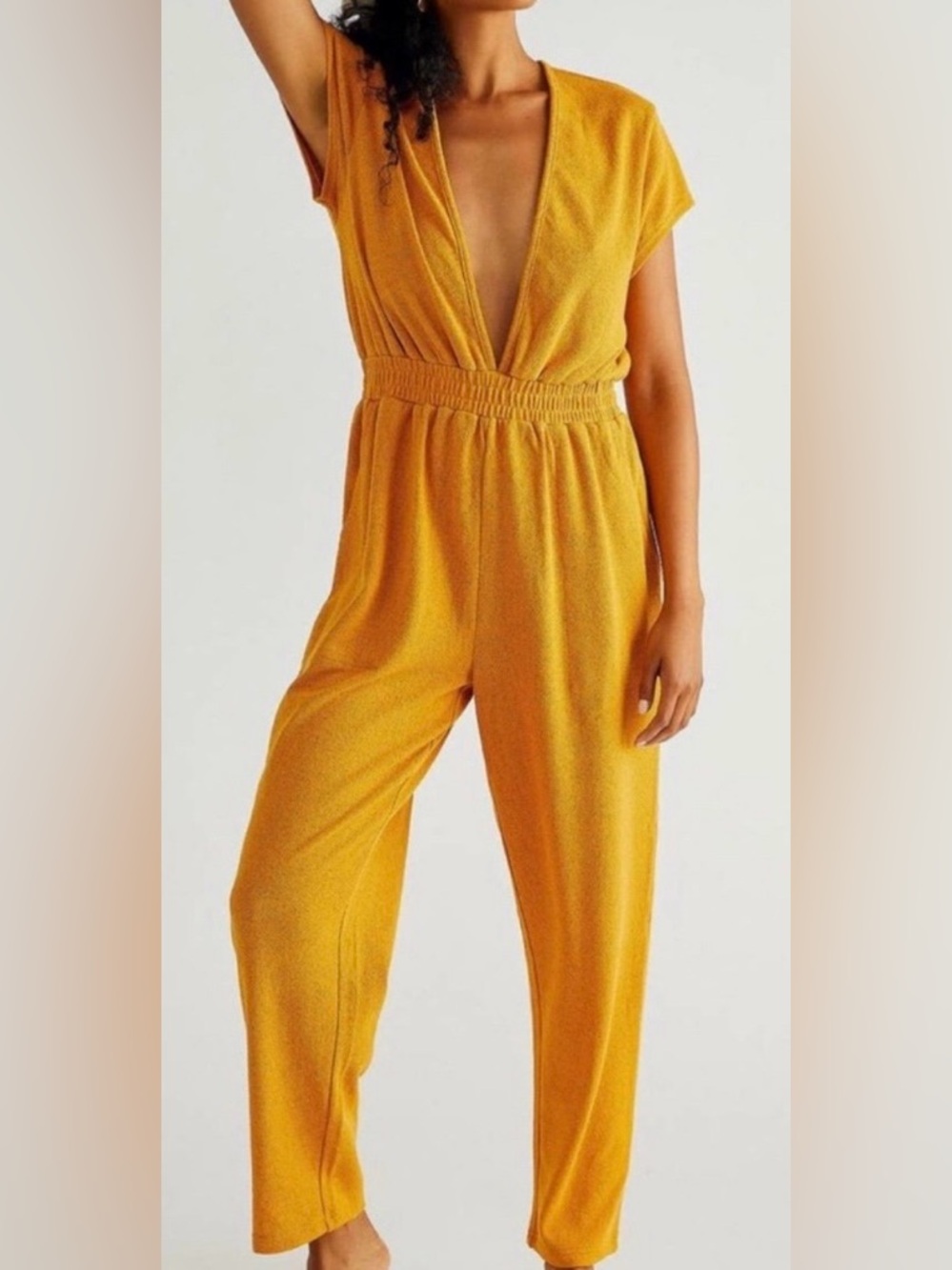 Free People Mustard Yellow Deep V Elastic-Waist Straight Leg Jumpsuit - Size XS